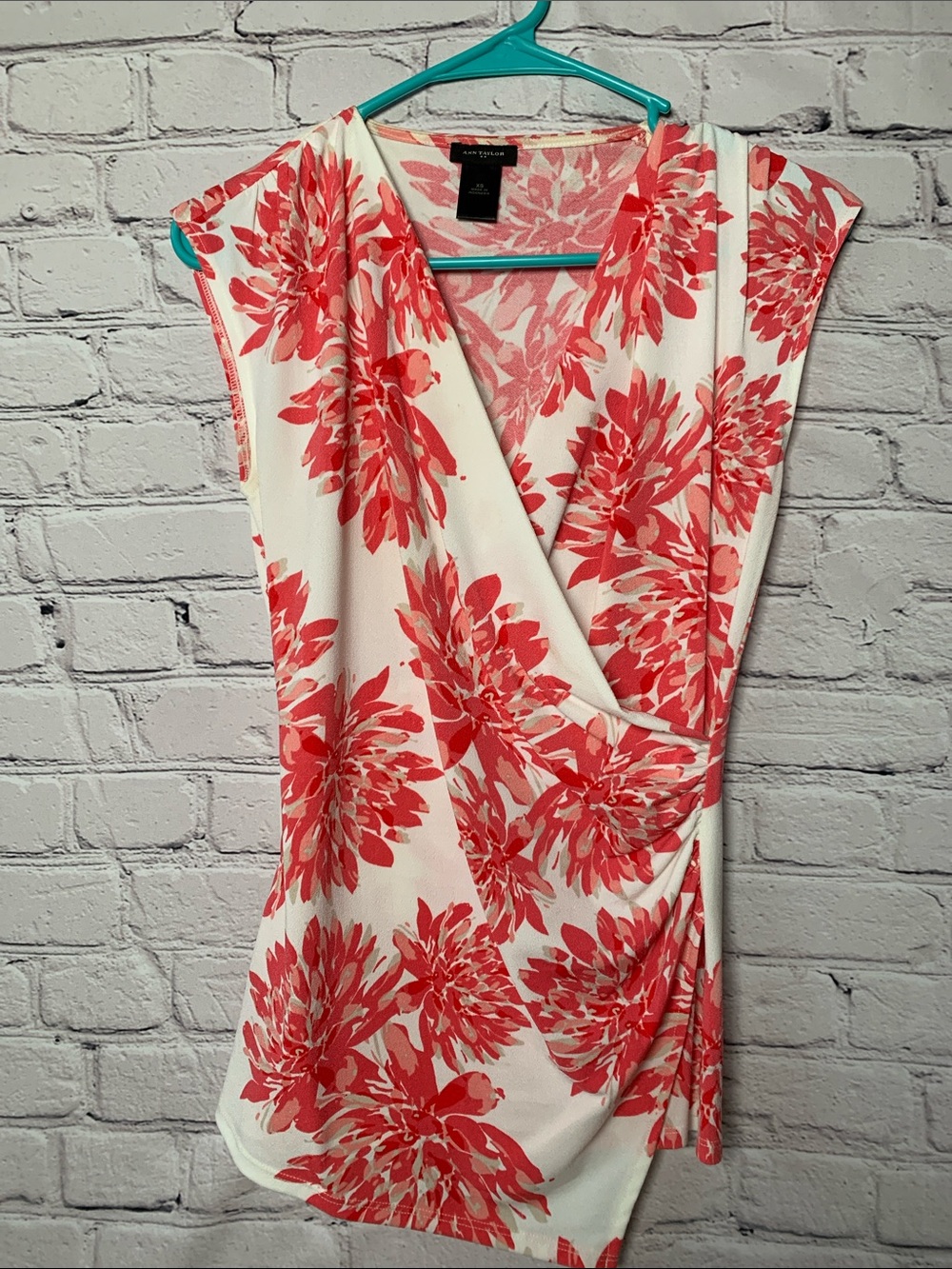 Ann Taylor White and Coral Floral Wrap Blouse